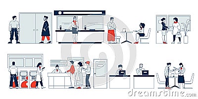 Bank clients service. Flat banking client, security and reception desk. People in office, financial consulting Vector Illustration