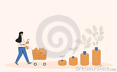 Bank deposit replenishment. Savings. Woman with money. Female character going to put her income into the broker account. Vector Vector Illustration