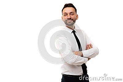 bank employee in a white shirt and tie on a white wall background Stock Photo