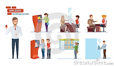 Bank, finance, clients, people working in office, financial advisor, cashiers. Vector Illustration