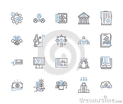 Bank and financial strategy outline icons collection. Banking, Finance, Strategy, Planning, Investing, Risk, Asset Vector Illustration