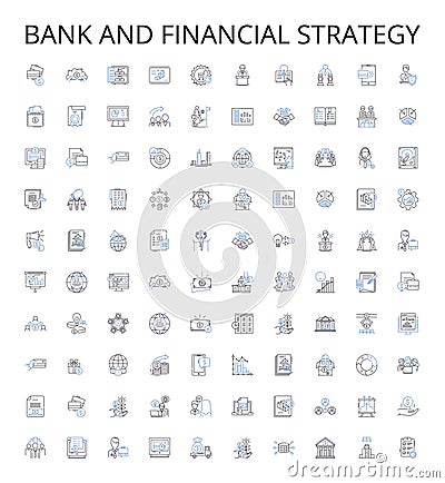 Bank and financial strategy outline icons collection. Banking, Finance, Strategy, Planning, Investing, Risk, Asset Vector Illustration