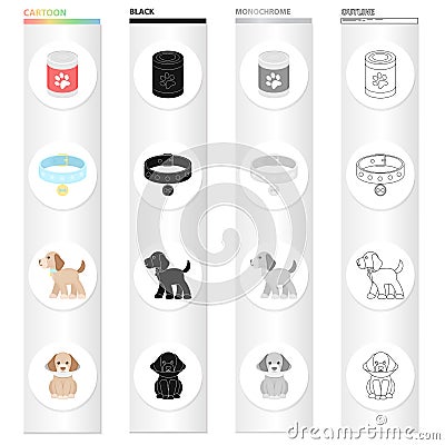 Bank with food, a collar with a medal, a puppy is sitting, it costs.Puppy set collection icons in cartoon black Vector Illustration