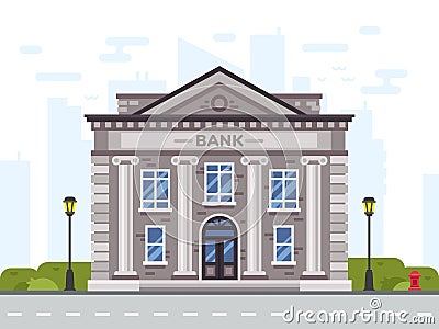 Bank or government building, architecture with columns. Classical public building facade or exterior Vector Illustration