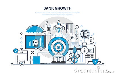 Bank growth, investment, security of deposits and payments, savings, e-commerce. Vector Illustration