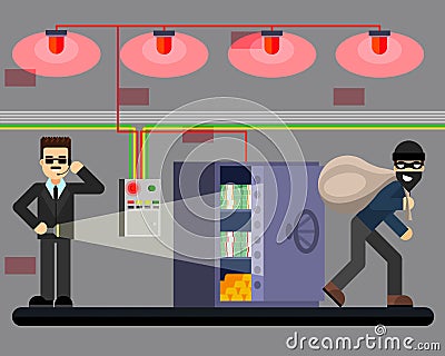 Bank hacking safe crime scene security system Vector Illustration
