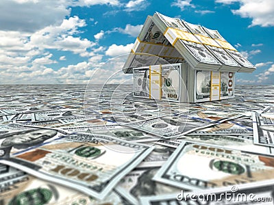 Bank. House from pack of dollars on cloudscape. Stock Photo