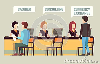 Bank interior with cashier, consulting, currency exchange. Banking vector concept Vector Illustration