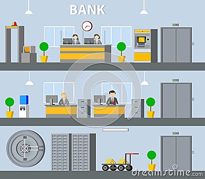 Bank Interior Horizontal Banners Vector Illustration