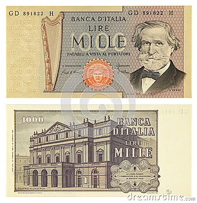 Bank of Italy, old italian banknote of 1000 lire with Giuseppe Verdi portrait, 1981, Italy Stock Photo