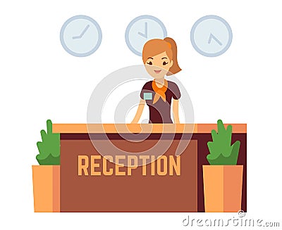 Bank office or hotel reception with receptionist smiling woman vector illustration Vector Illustration