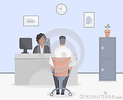 Bank office or insurance company: bank employee black woman sitting behind tables and serving bank customer. Elegant interior with Vector Illustration