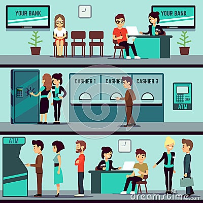 Bank office interior with people, clients and bank clerks vector flat banking concept Vector Illustration