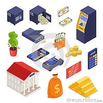 Bank and payment isometric icons. Money, finance, banking, investment and commerce vector illustration Vector Illustration