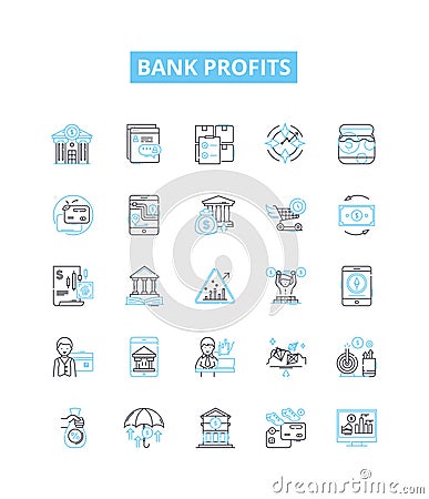 Bank profits vector line icons set. Bank, Profits, Gain, Return, Yield, Dividend, Interest illustration outline concept Cartoon Illustration