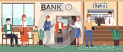 Bank queue. Customers in masks waiting for turn, financial transactions center, visitors in lobby interior, different Vector Illustration