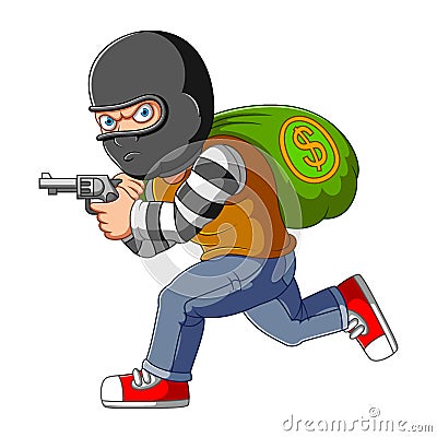 Bank robber running with money bags and gun Vector Illustration