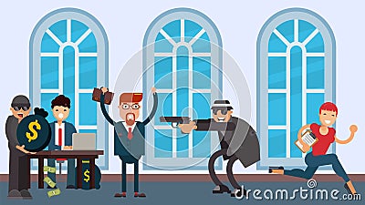 Bank robbery, criminals in hats and glasses threaten with a pistol vector flat illustration. Vector Illustration