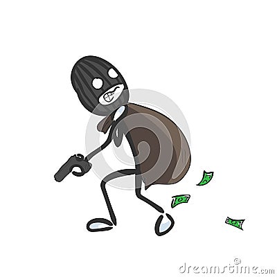 Bank robbery. Stealing cash. Criminal wearing mask running away with bag of money. Hand drawn. Stickman cartoon. Doodle sketch, Cartoon Illustration