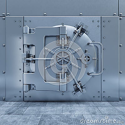 Bank safe door on the steel wall 3d Stock Photo