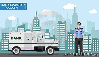 Bank security concept. Detailed illustration of armored car and security guard on background with cityscape in flat Vector Illustration