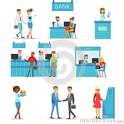 Bank Service Professionals And Clients Different Financial Affairs Consultancy, ATM Cash Manipulation And Other Business Vector Illustration