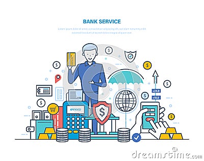 Bank service. Remote service, clients service, transactions with money transfers. Vector Illustration