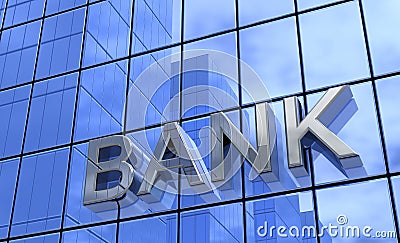 Bank sign on glass building Stock Photo