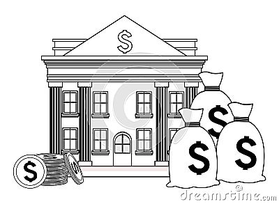 Bank with stacked coins black and white Vector Illustration