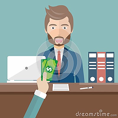 Bank teller sitting behind glass. Man clerk in a bank office receiving money. Flat vector Cartoon Illustration