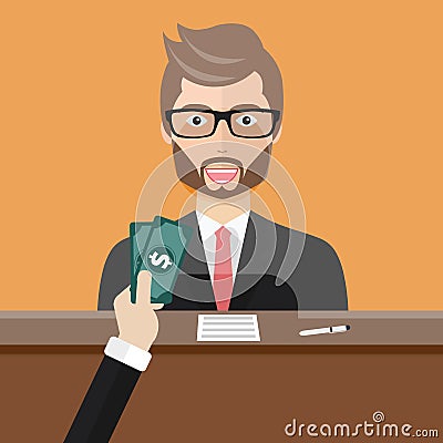 Bank teller sitting behind glass. Man clerk in a bank office receiving money. Flat vector Vector Illustration