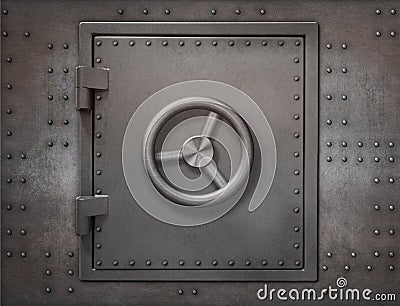 Bank vault or bunker door on metal wall 3d illustration Stock Photo