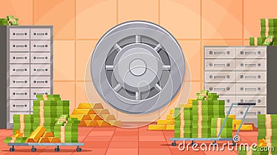 Bank vault inside with dollar bills and deposit cell. Cartoon money storage with safe door, gold bars and coins. Bank Vector Illustration