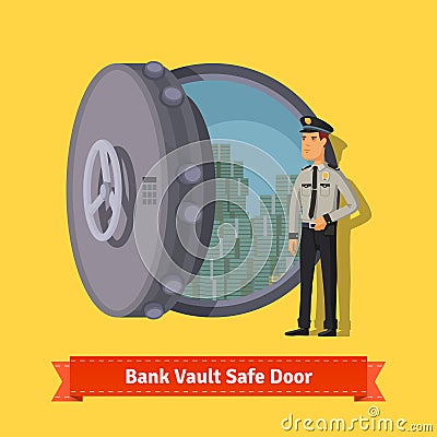 Bank vault room safe door with a officer guard Vector Illustration