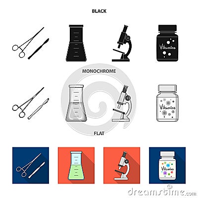 A bank of vitamins, a flask with a solution and other equipment.Medicine set collection icons in black, flat, monochrome Vector Illustration