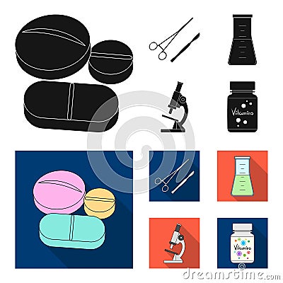 A bank of vitamins, a flask with a solution and other equipment.Medicine set collection icons in black,flat style vector Vector Illustration