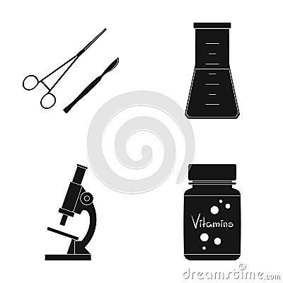 A bank of vitamins, a flask with a solution and other equipment.Medicine set collection icons in black style vector Vector Illustration