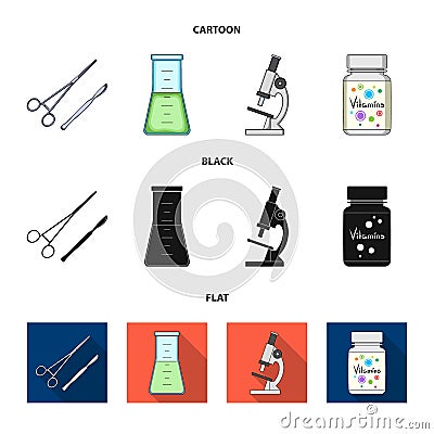 A bank of vitamins, a flask with a solution and other equipment.Medicine set collection icons in cartoon,black,flat Vector Illustration