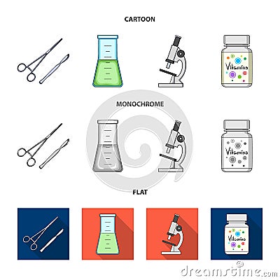 A bank of vitamins, a flask with a solution and other equipment.Medicine set collection icons in cartoon,flat,monochrome Vector Illustration