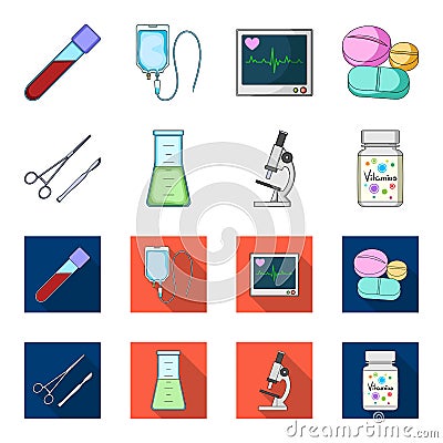 A bank of vitamins, a flask with a solution and other equipment.Medicine set collection icons in cartoon,flat style Vector Illustration