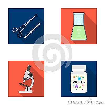 A bank of vitamins, a flask with a solution and other equipment.Medicine set collection icons in flat style vector Vector Illustration