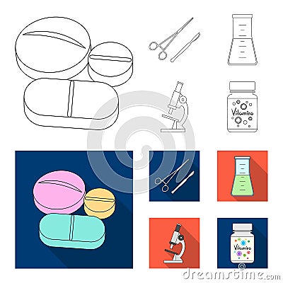 A bank of vitamins, a flask with a solution and other equipment.Medicine set collection icons in outline,flat style Vector Illustration