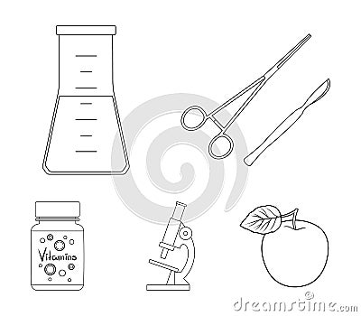 A bank of vitamins, a flask with a solution and other equipment.Medicine set collection icons in outline style vector Vector Illustration