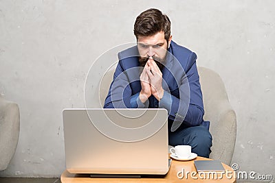 Banker or accountant. Business correspondence. Modern businessman. Businessman work laptop. Responding business email Stock Photo