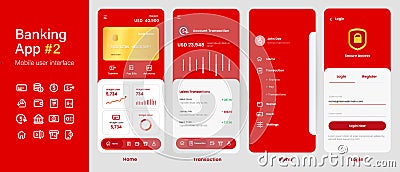 Banking app mobile interface user interface layout screen application design in red color gold card Stock Photo