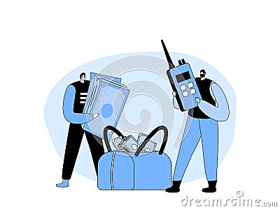 Banking, Armed Cash-in-transit Guard or Collector Characters with Money Bag Speaking by Walkie-Talkie. Bank Convoy Vector Illustration