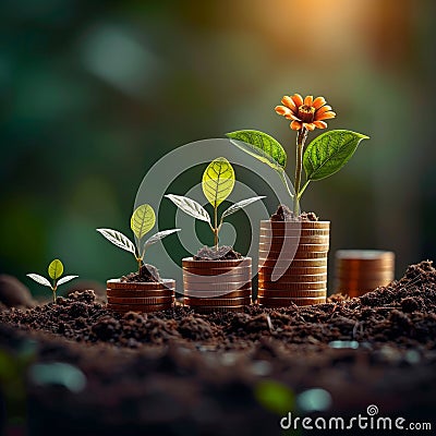 Banking blossoms stacked coins nurture a thriving financial greenery Stock Photo