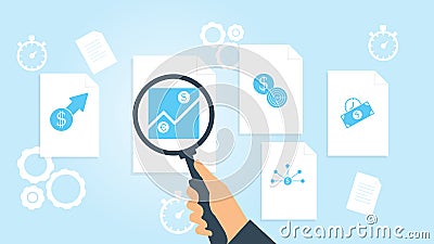 Banking, clock file, document research vector illustrationDocument with search icons. File and magnifying glass Vector Illustration