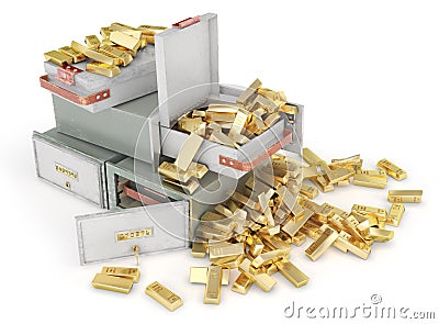 Banking concept. Stack of bank cells full of gold isolated on a white. 3d Cartoon Illustration