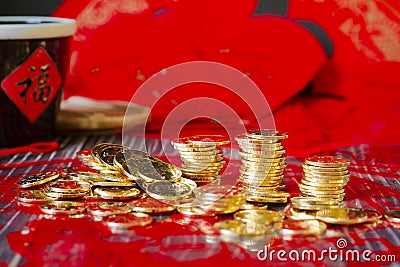 Banking and finance concept, Golden coins isolated on red background Stock Photo